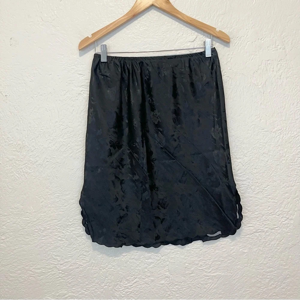 Vintage Half Slip Skirt Black Satin Floral Embroidered Beaded Goth Whimsigoth S